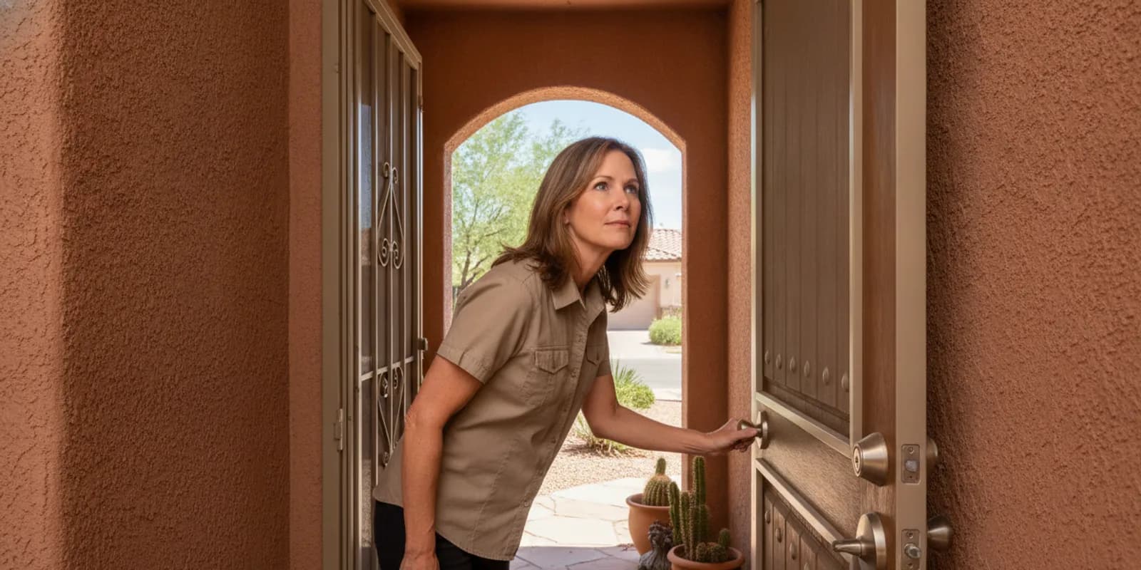 Homeowner checking the front door lock and entry points of an Arizona home