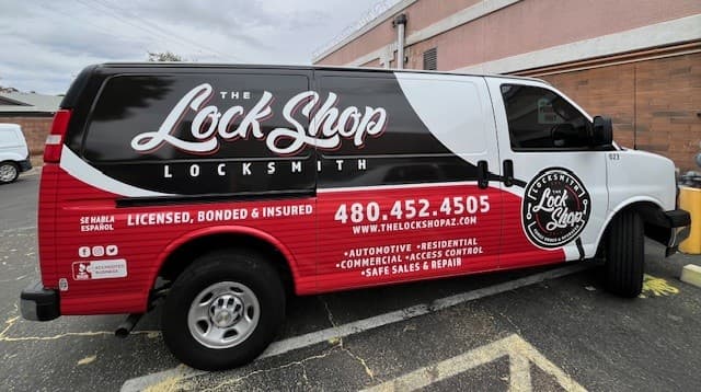 The LOCK Shop branded mobile service van with phone number 480.452.4505