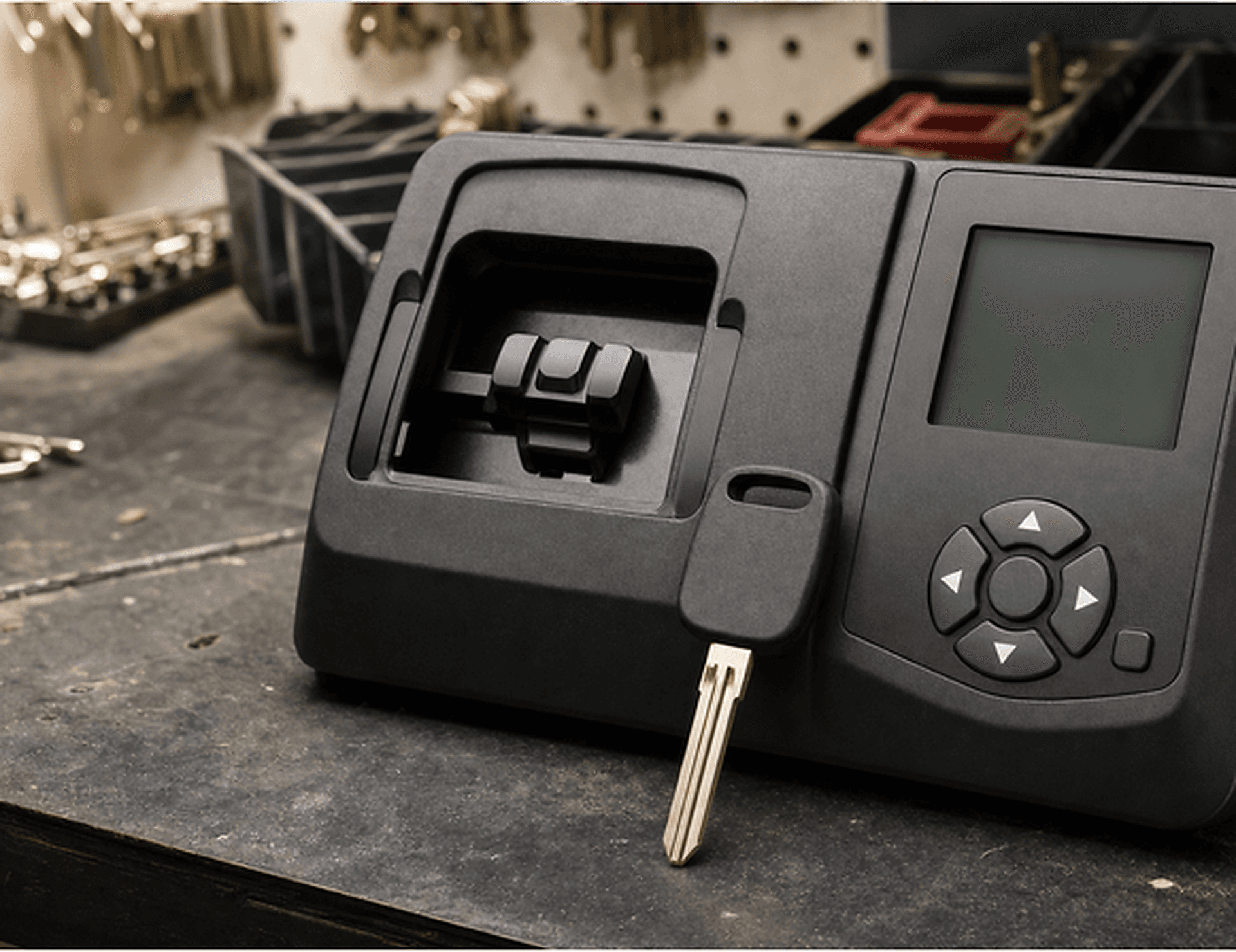 Transponder key inserted in a handheld key programming device on a workbench