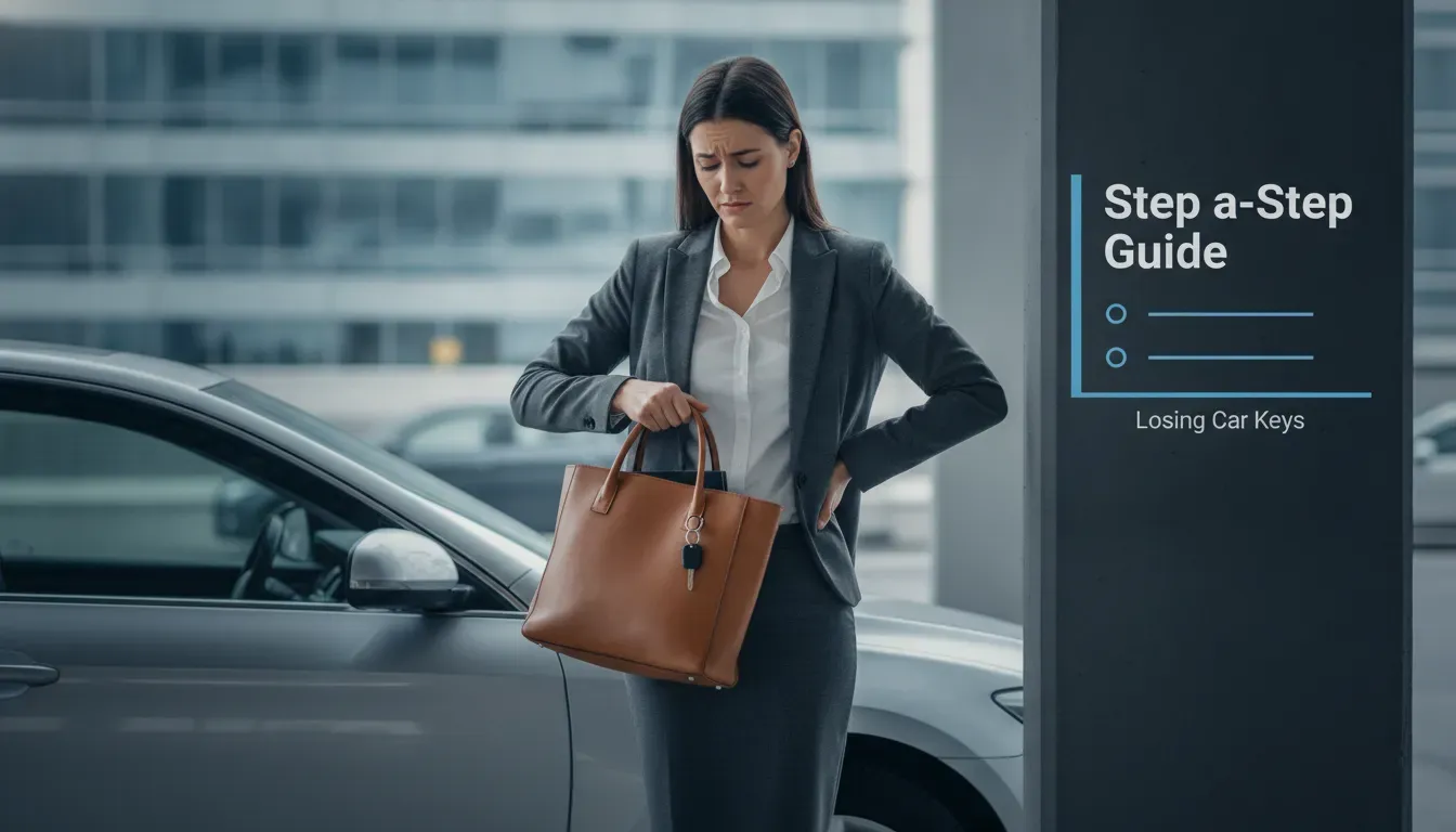 Woman searching a handbag for lost car keys beside a parked car.