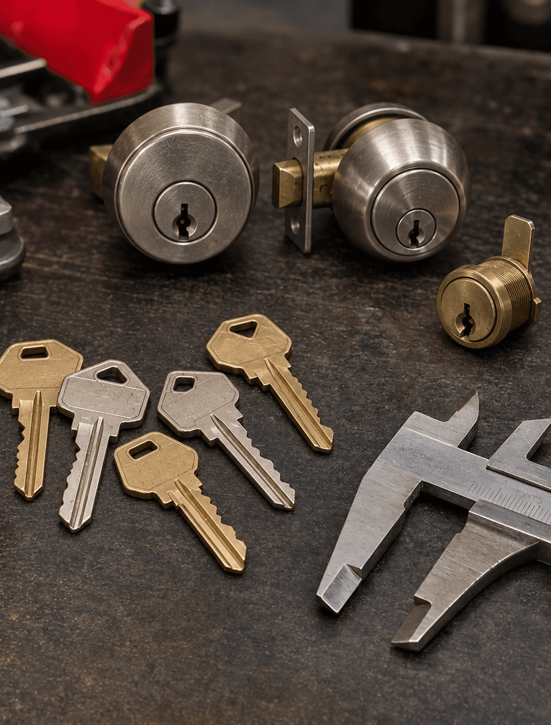 U.S. deadbolt cylinders, house keys and calipers on a dark workbench