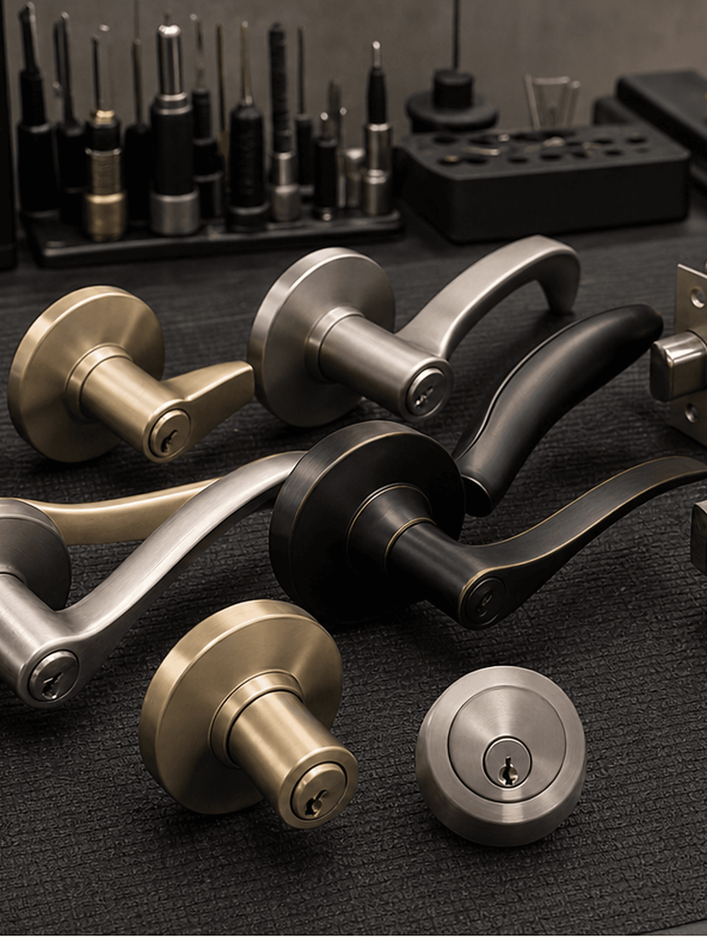 Assortment of door levers, knobs and a deadbolt on a workbench