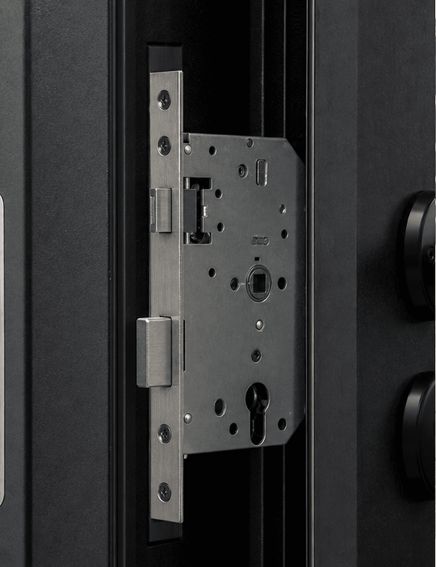 Mortise lock body set into the edge of a dark commercial door