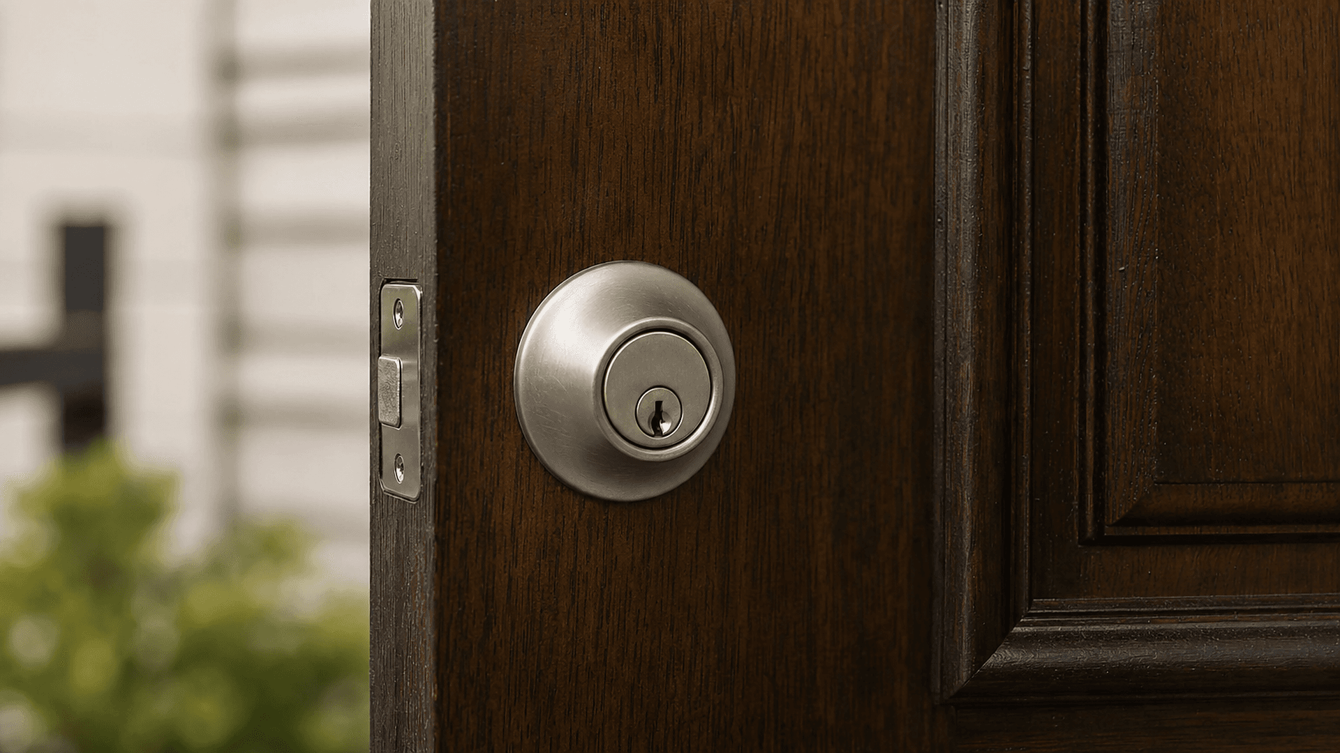 Brushed-nickel deadbolt set in a dark wood front door