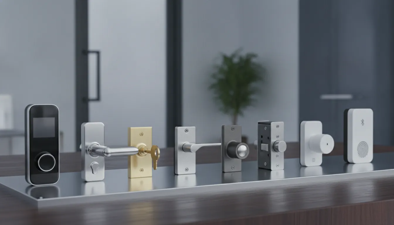 A variety of door locks including a deadbolt, smart lock, lever handle, and keypad lock for home security.