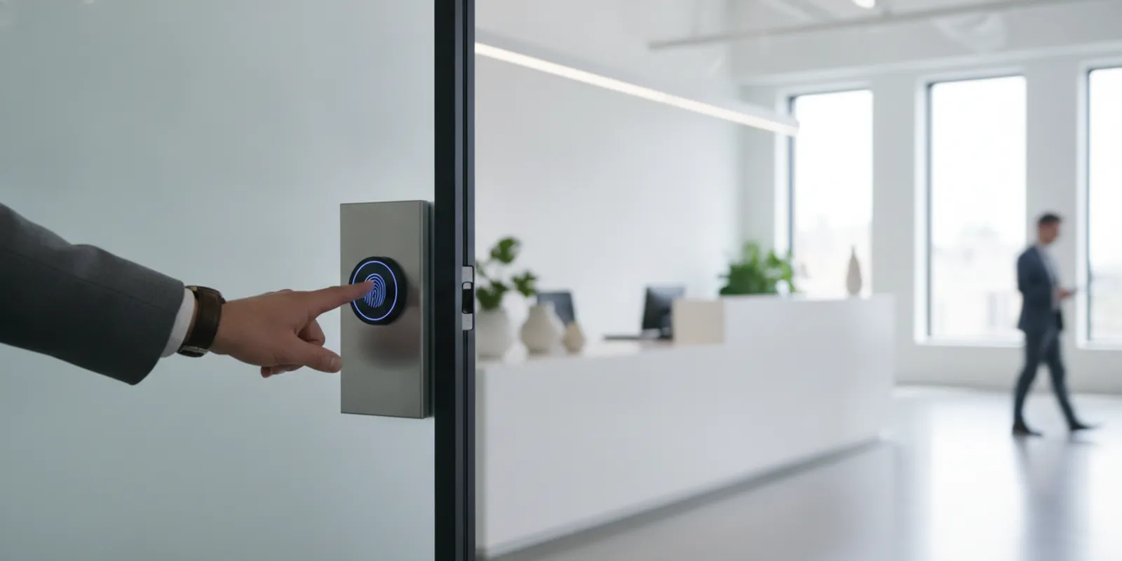 Employee using a fingerprint reader beside an office entry door