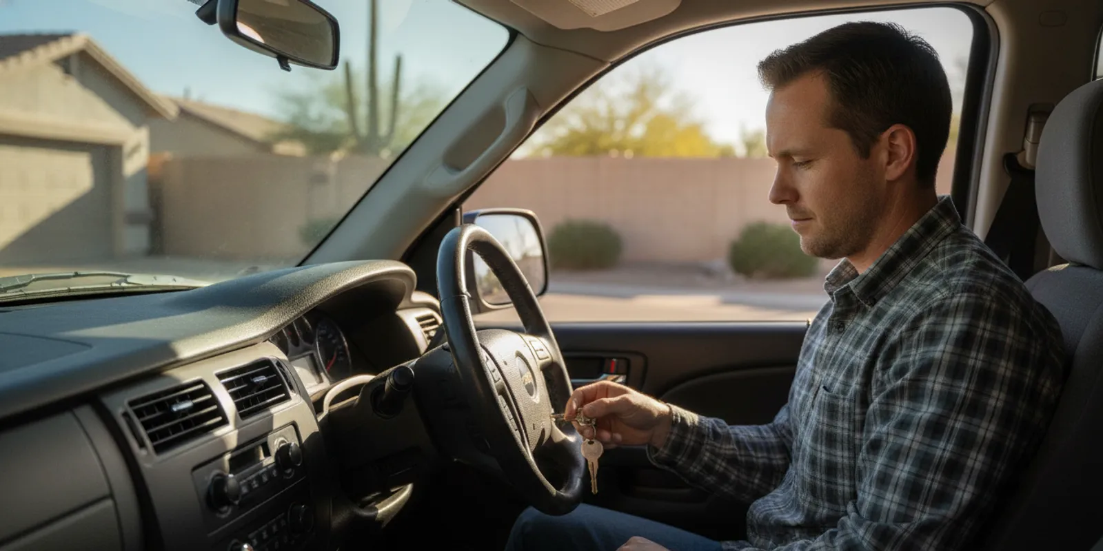 Driver inspecting a car key that will not turn in the ignition