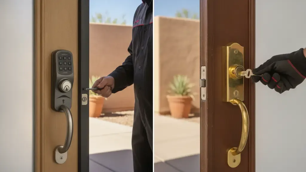 Electronic door locks beside a traditional mechanical lock during a locksmith inspection