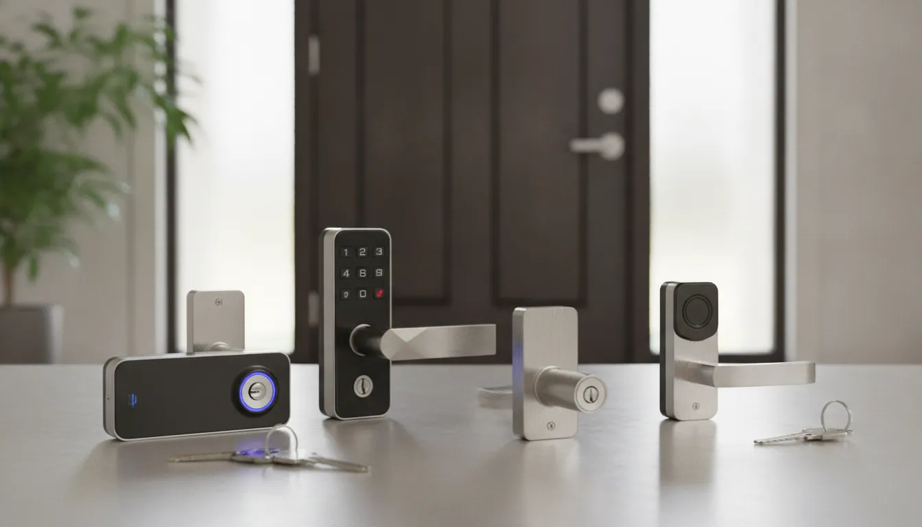 Modern front door locks, including smart, keypad, and lever styles, with keys.