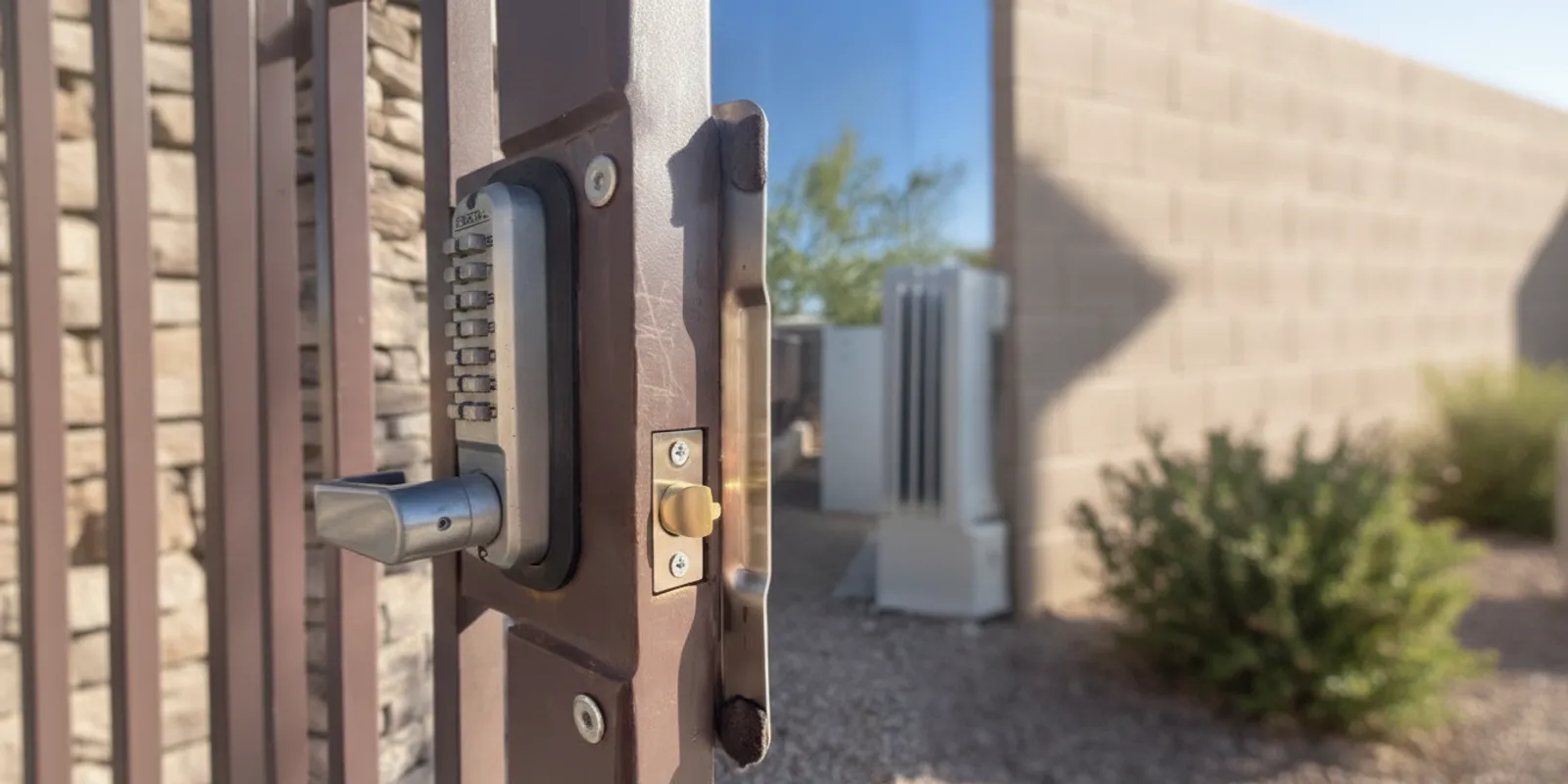 A sturdy residential side gate with a well-aligned lock beside a stucco home