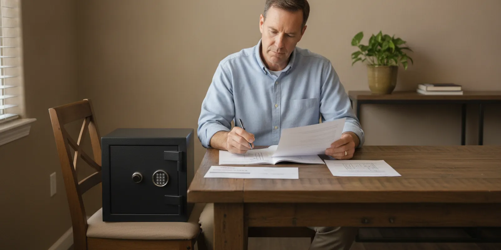 Homeowner reviewing safe warranty paperwork beside a closed home safe
