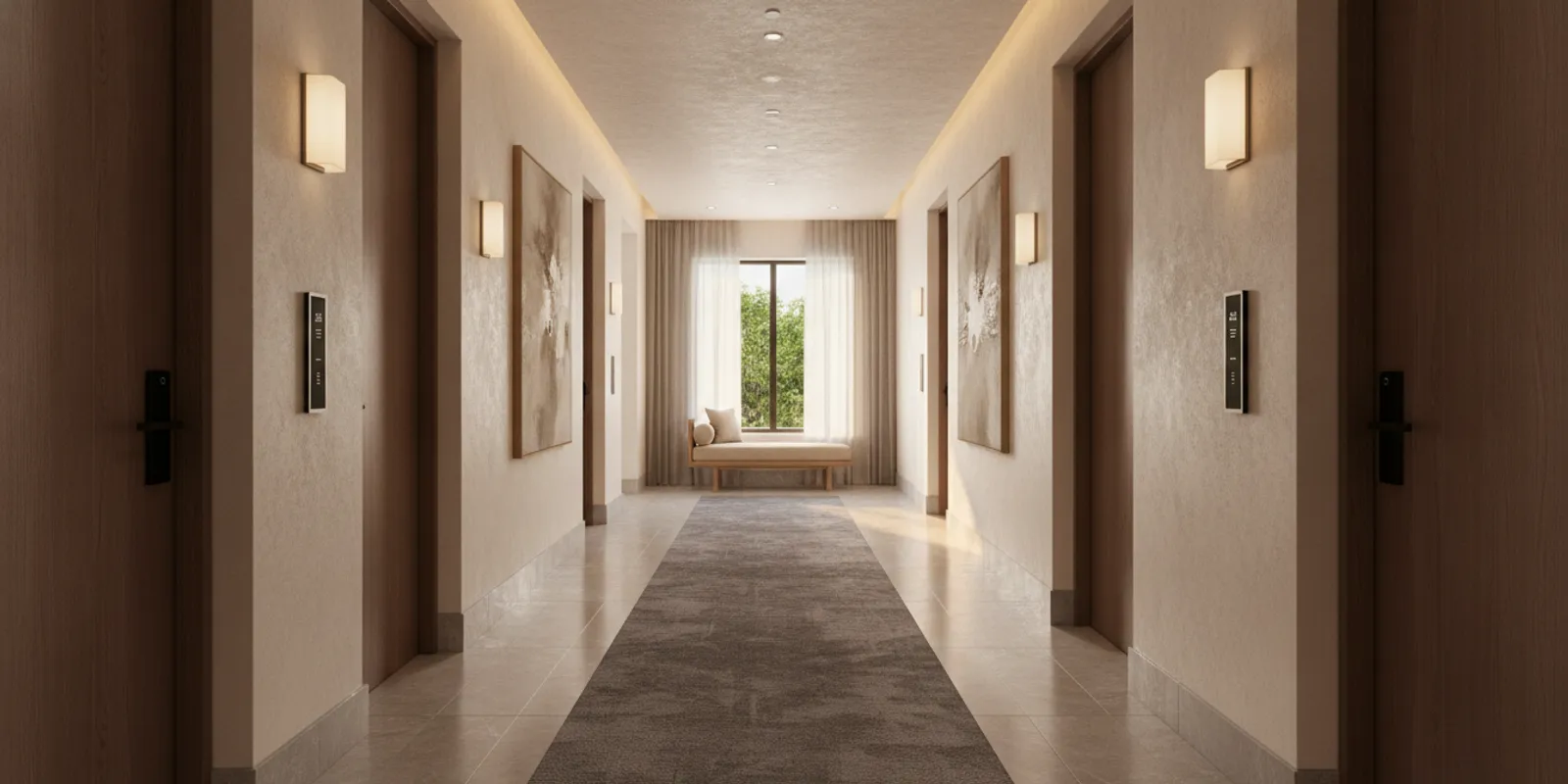 Hotel hallway with guest room doors and an electronic access reader