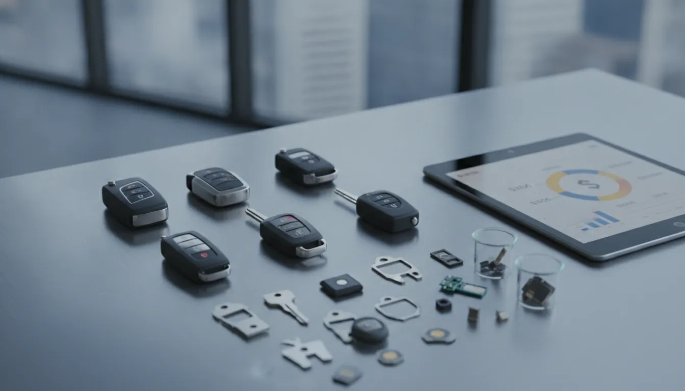 Car key types and key fob parts beside a tablet showing replacement car key costs.