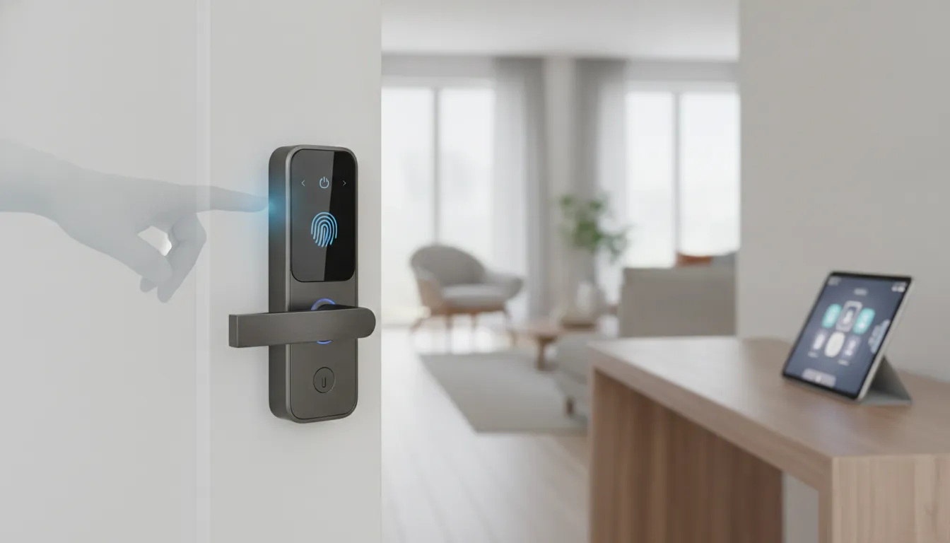 A keyless smart lock with fingerprint access on a home's front door.