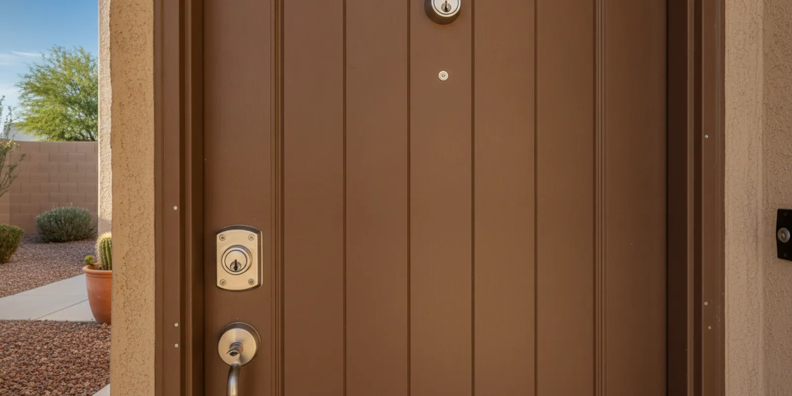 Home entrance with a secure deadbolt and layered security features