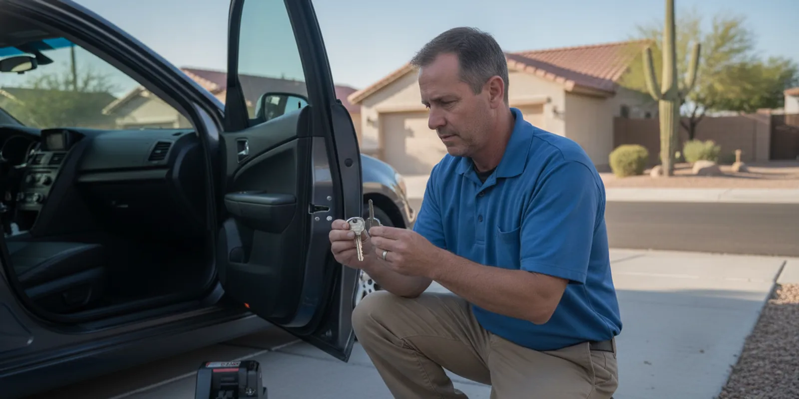 Automotive locksmith comparing a car key with a newly cut vehicle key beside a parked car