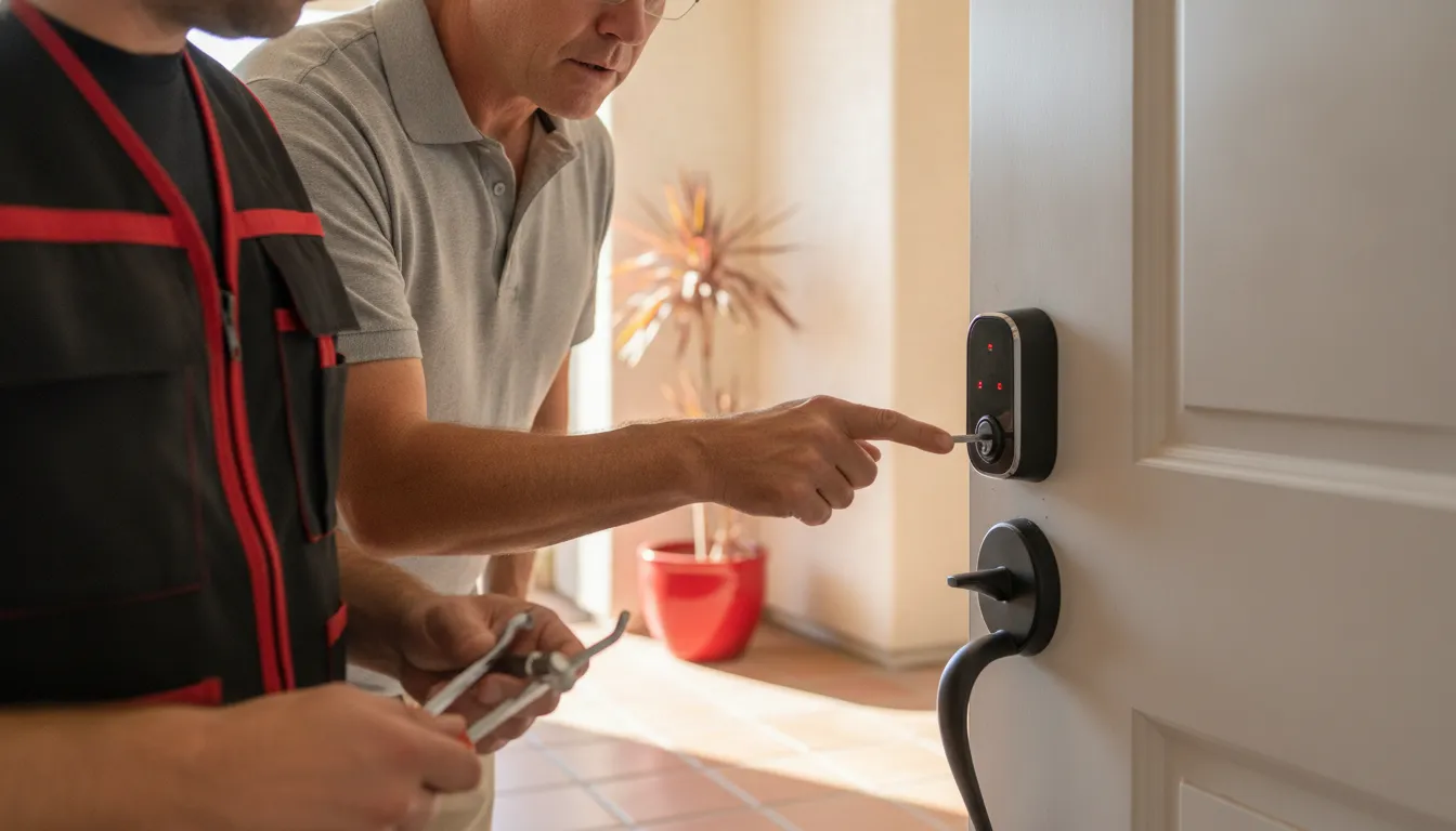 Homeowner consulting a locksmith about a Kwikset smart lock