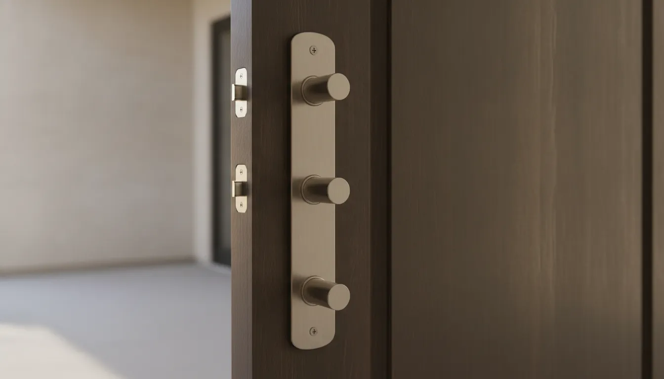 Door edge with a long metal faceplate and bolts at the top, middle, and bottom
