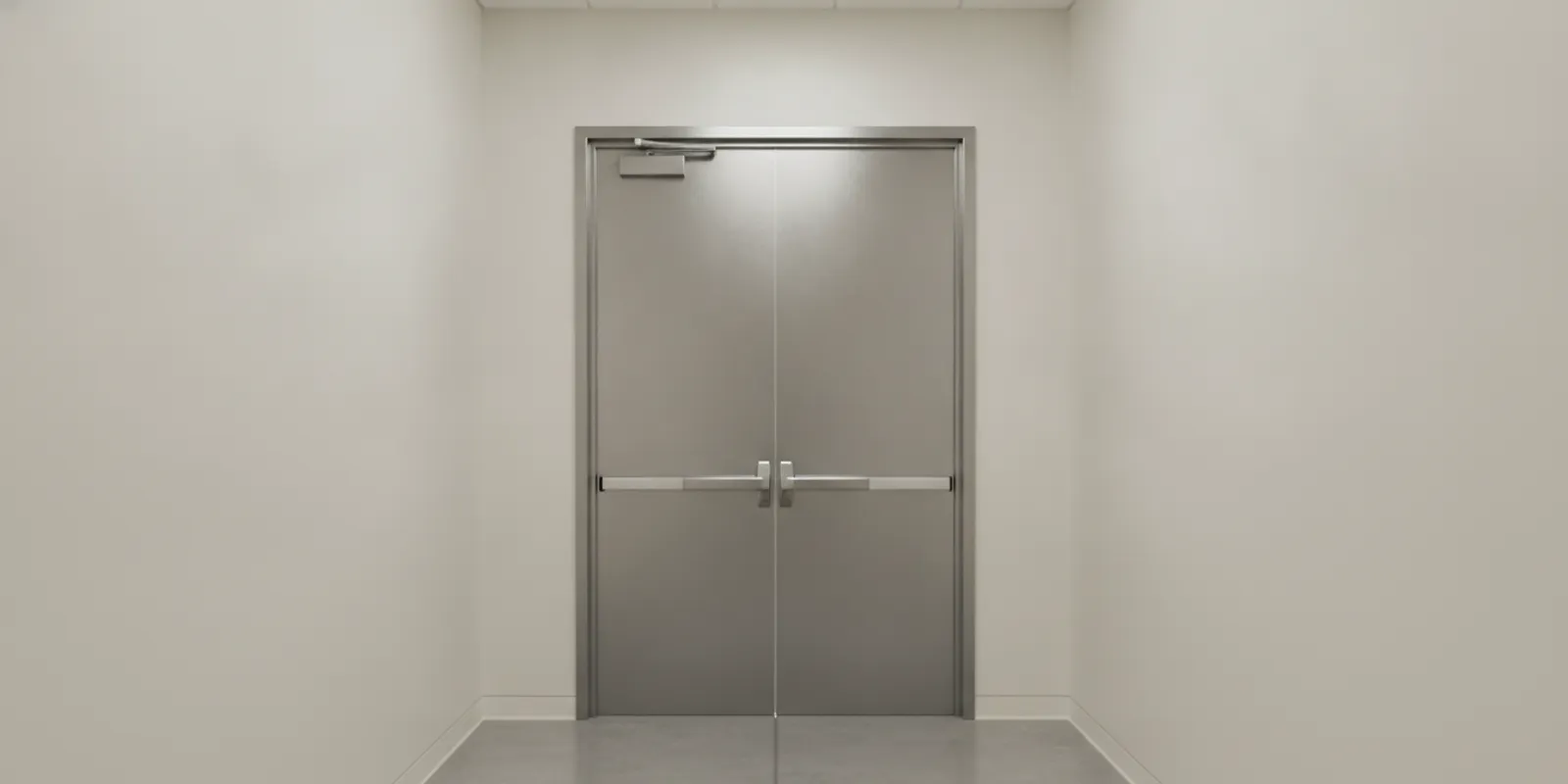 Commercial exit door with a horizontal panic bar in a business hallway