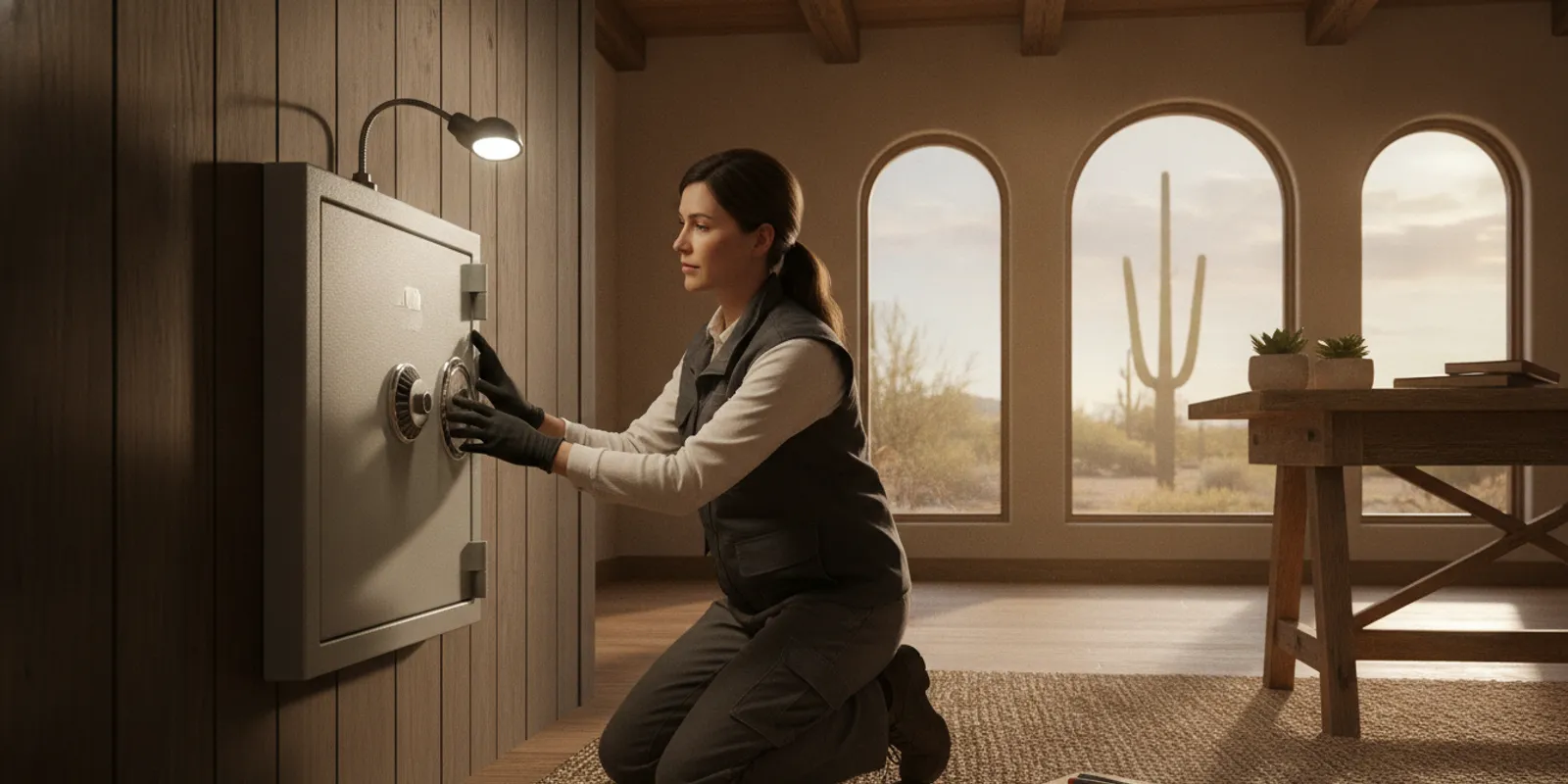 A locksmith carefully assessing a home safe in a tidy room