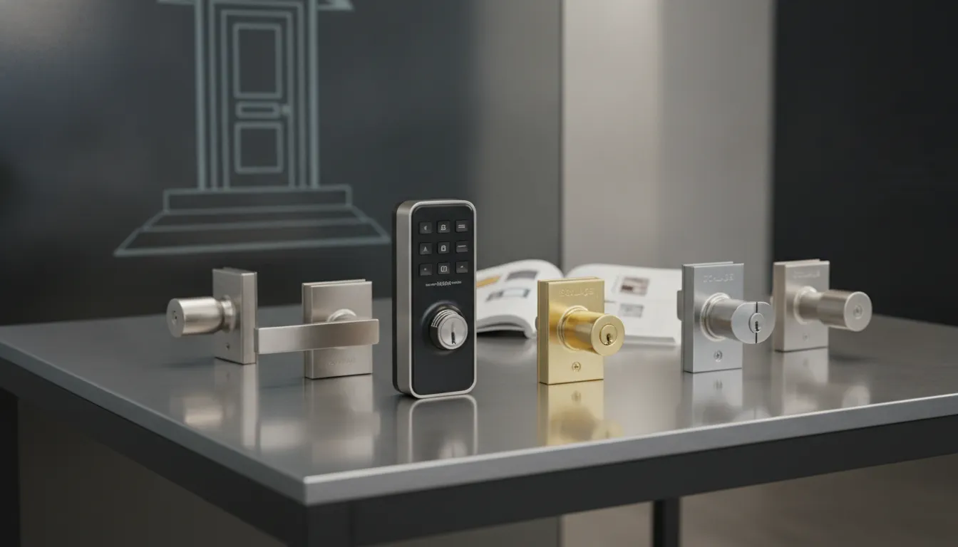 Schlage door locks with keypad, deadbolt, and knob styles displayed on a table.