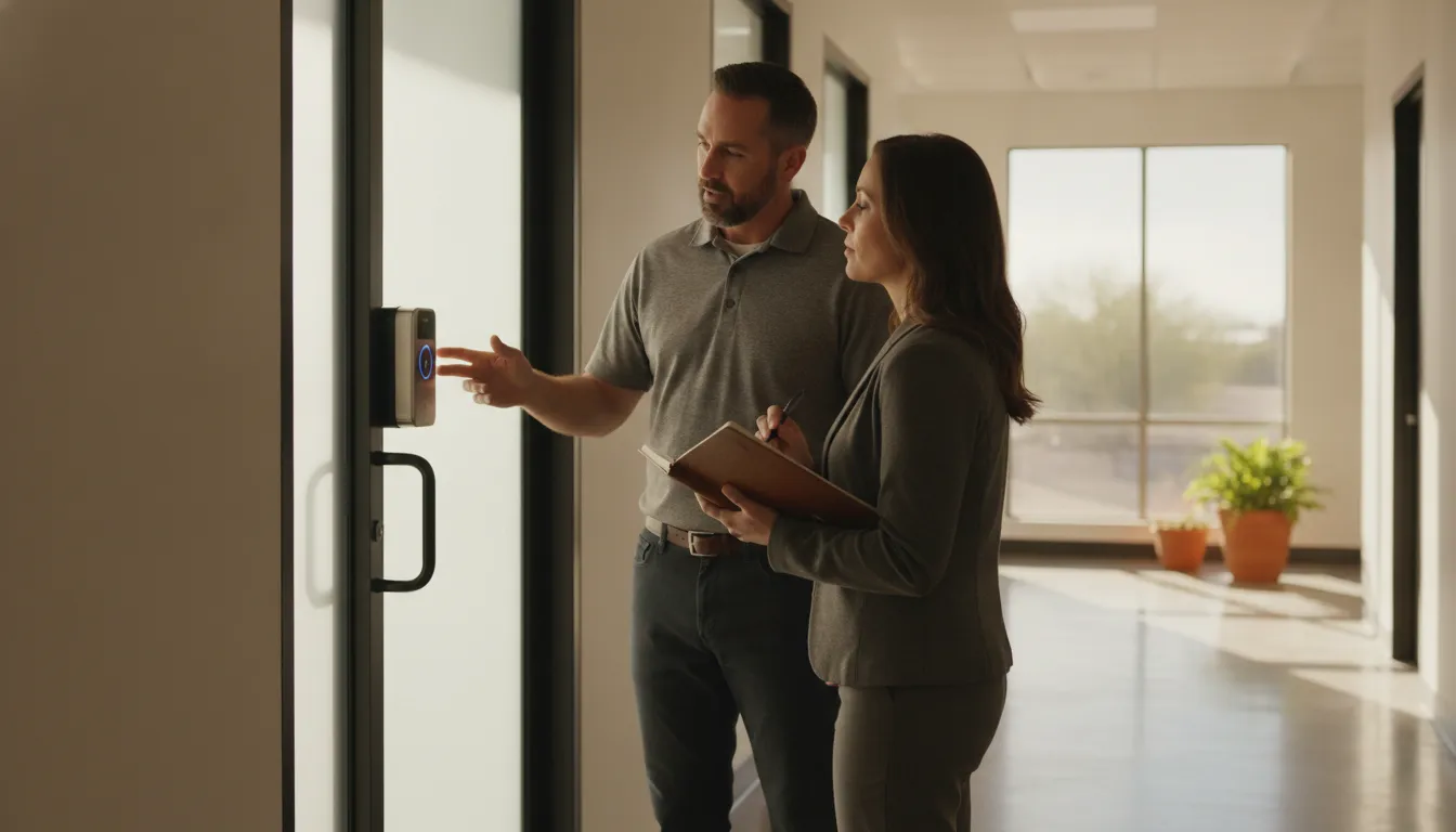 Business owner and locksmith reviewing an electronic door access reader